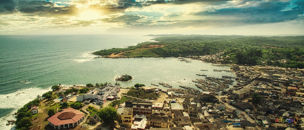 Coastal Fort & Harbour — Aerial panorama at golden hour